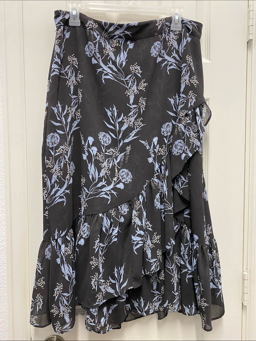 Ann Taylor Factory Gray Skirt, Pale Blue Floral Print and Asymmetrical Ruffles